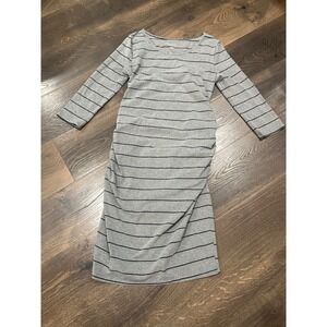 Isabel Maternity Gray Striped‎ Ruched Side Bodycon Midi Dress Medium 3/4 Sleeve